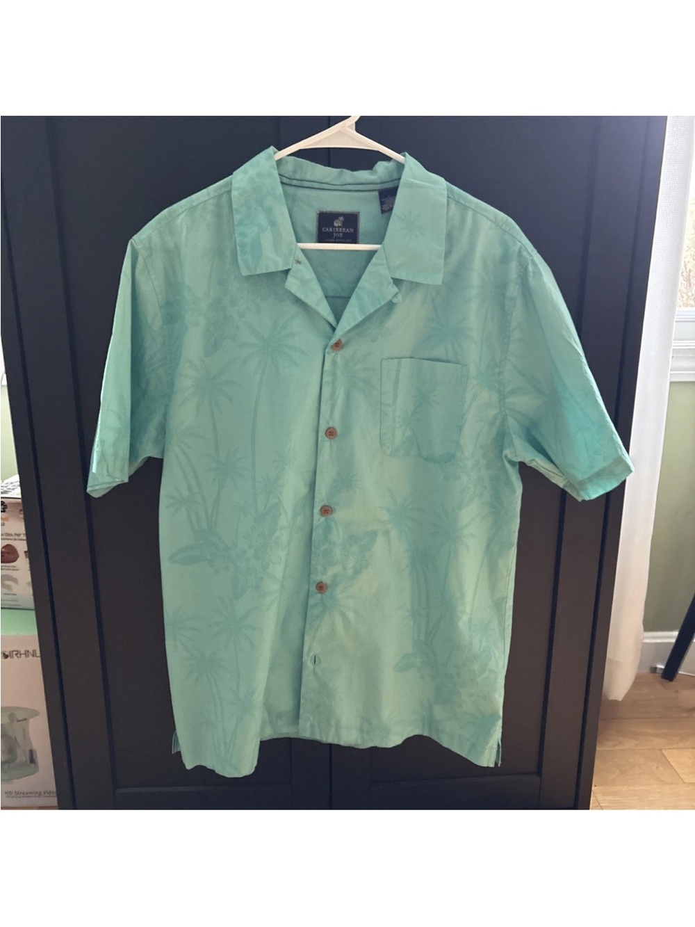 Caribbean Joe Mint Green Palm-Print Short Sleeve Camp Shirt